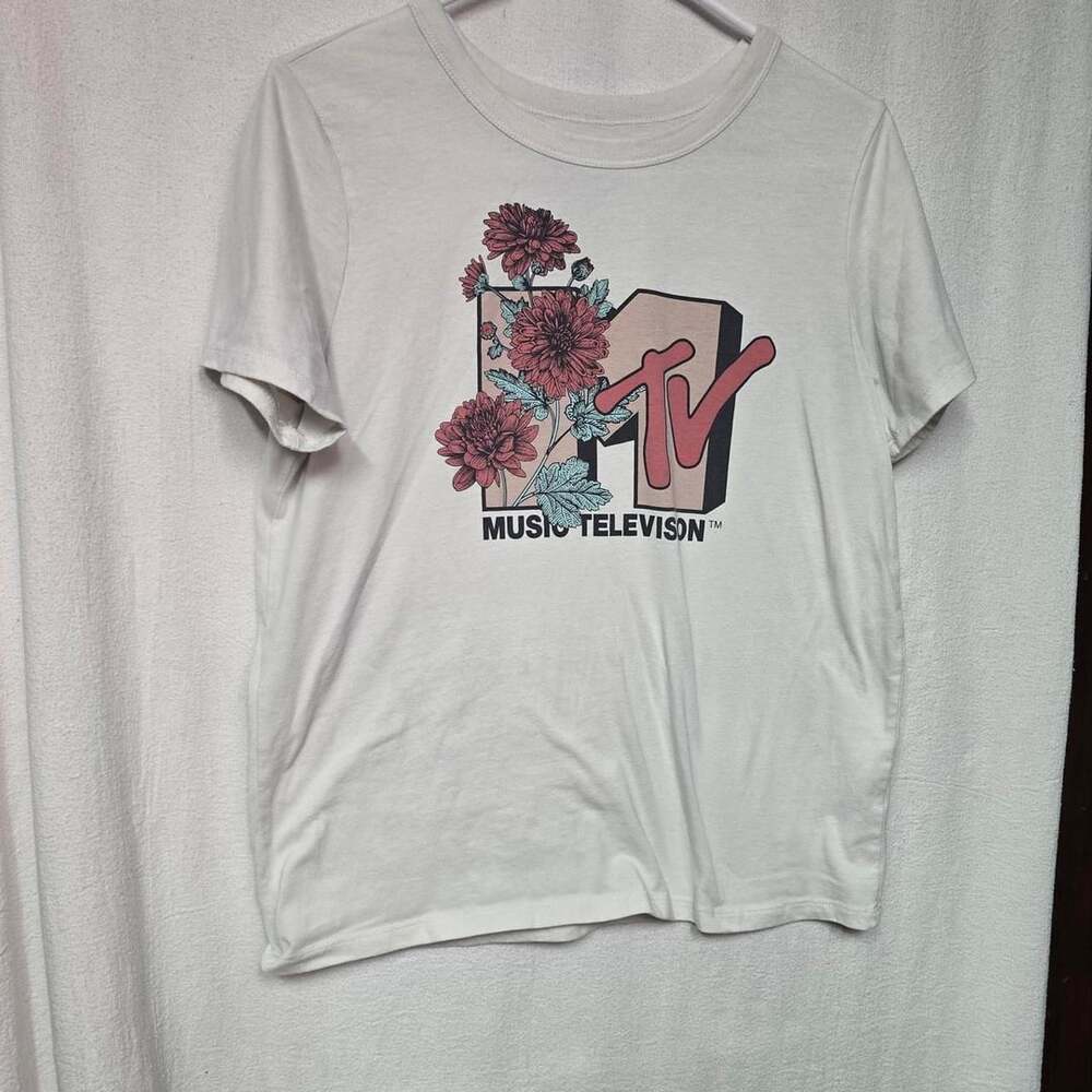 MTV Floral Graphic T-Shirt Size M Off-White Cotton Blend